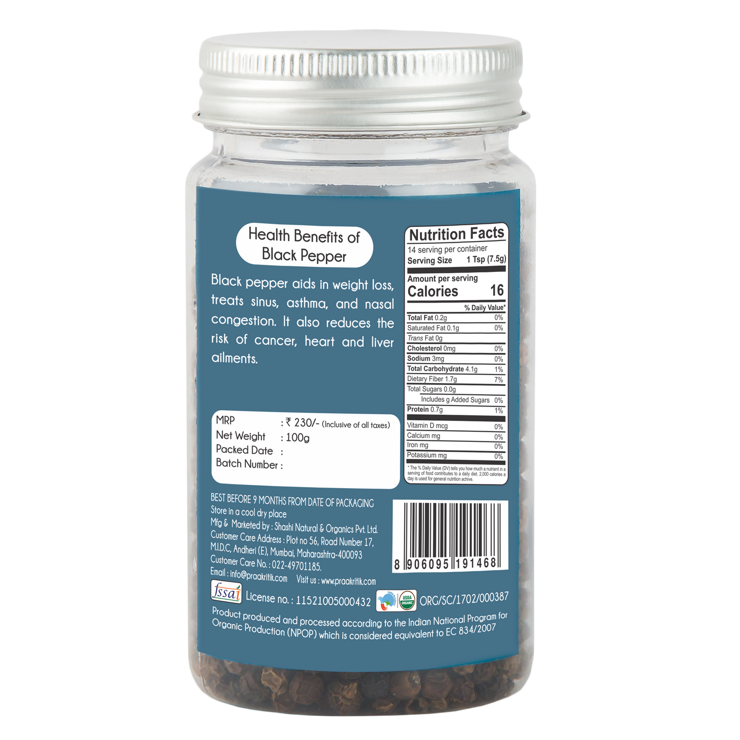 Black Pepper Whole  100g - Organic