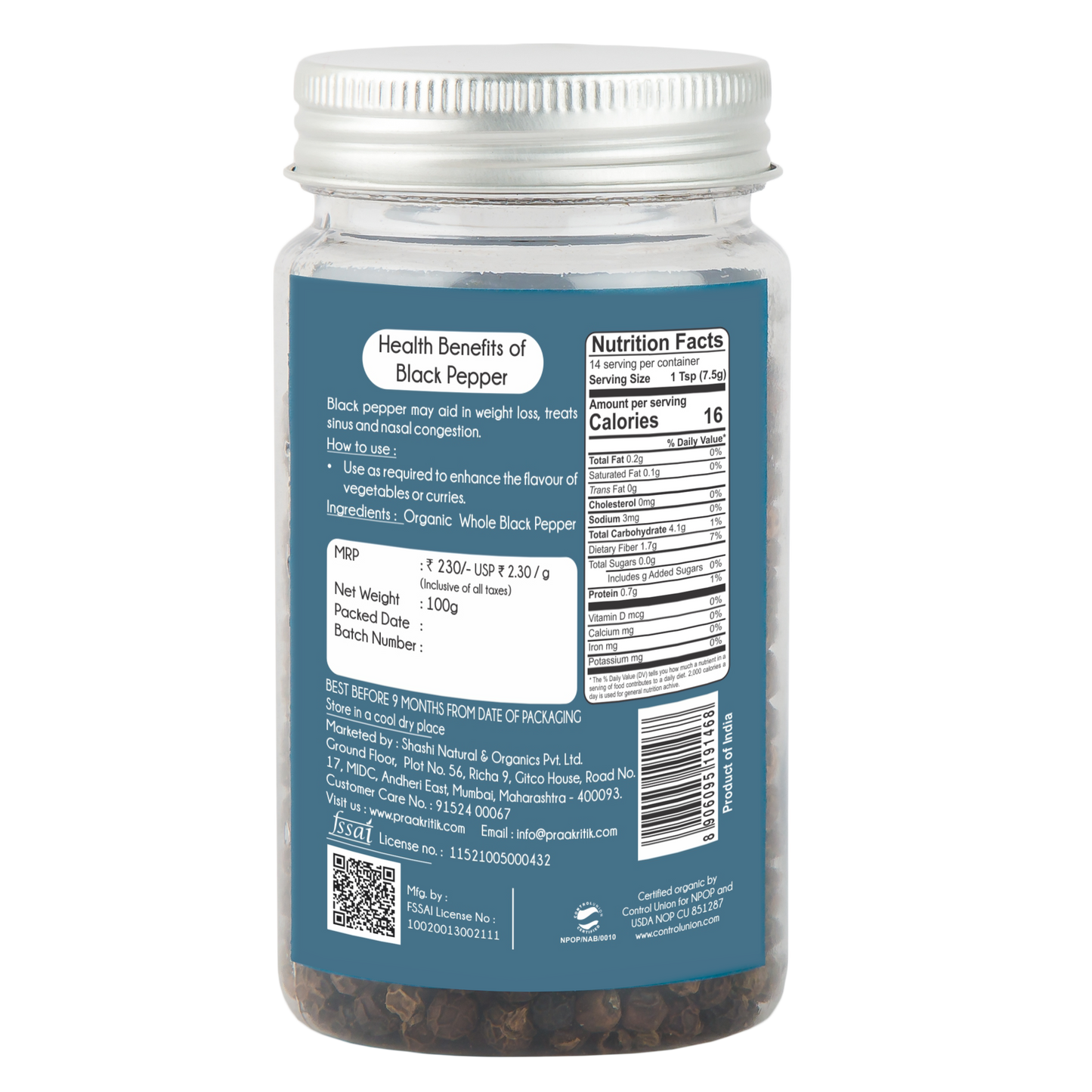 Black Pepper Whole  100g - Organic